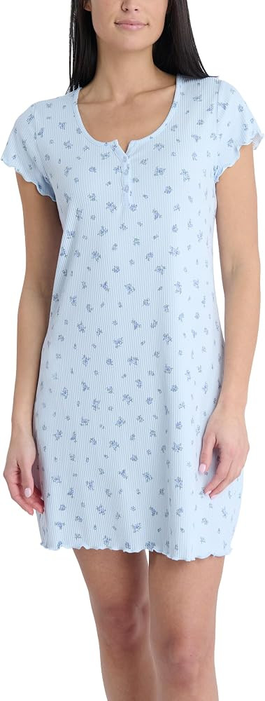 Laura Ashley Women's Nightgown Ribbed Knit Short Sleeve Henley Sleepshirt | Amazon (US)