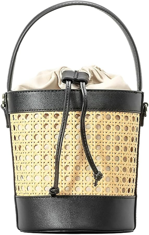 Woven Rattan Bag for Women Perforated PU Leather Bucket Bag Summer Top-handle Drawstring Handbag ... | Amazon (US)