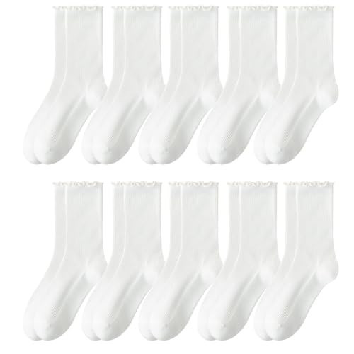 Leswohci Ruffled Socks for Women,Cute Stylish Ruffled Ankle Socks,10 Pairs White of Cotton Soft Ruffled Crew Socks for Women | Amazon (US)