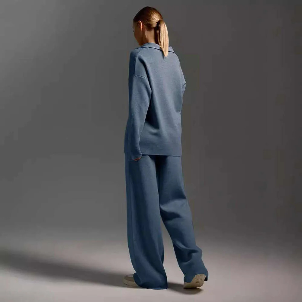 Solid color collar sweater set, knitted sweater+straight wide leg pants two-piece set | DHGate