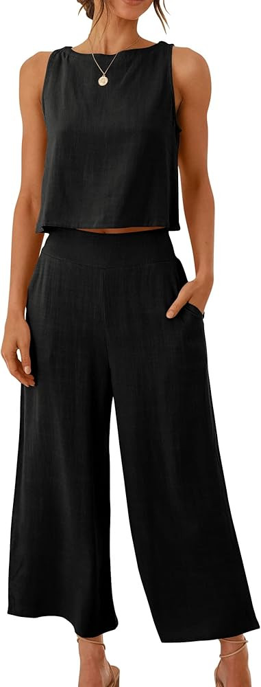ANRABESS Women's Summer 2 Piece Outfits Sleeveless Tank Crop Button Back Top Capri Wide Leg Pants... | Amazon (US)