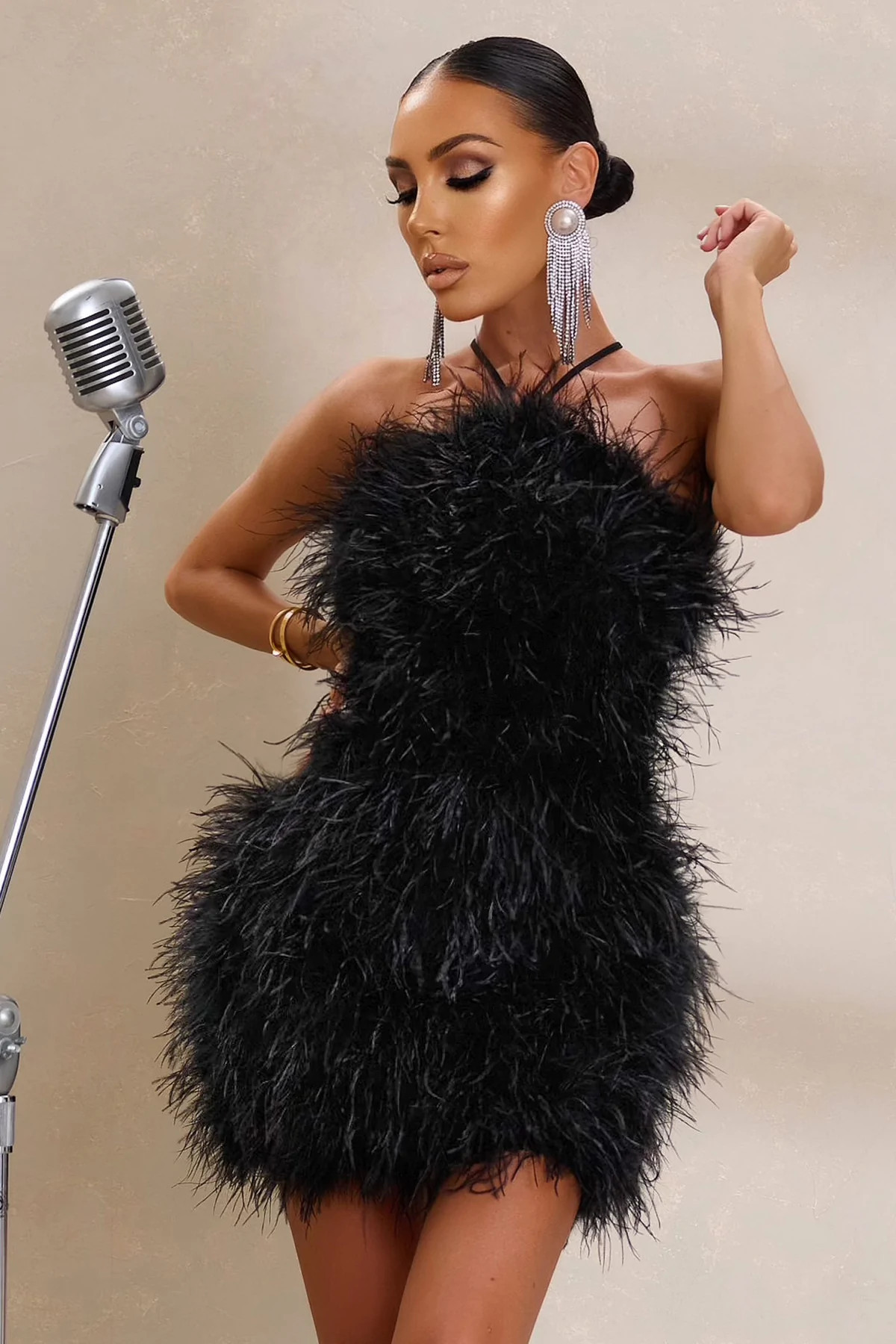 Power Up | Black Feather Halter Neck Mini Dress | Club L London