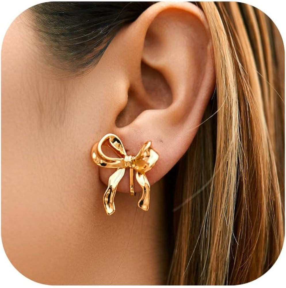 Gold Clip On Earrings for Women 14K Gold Clip-on Earrings Non Piercing Bow Earrings Ribbon Dangle... | Amazon (US)