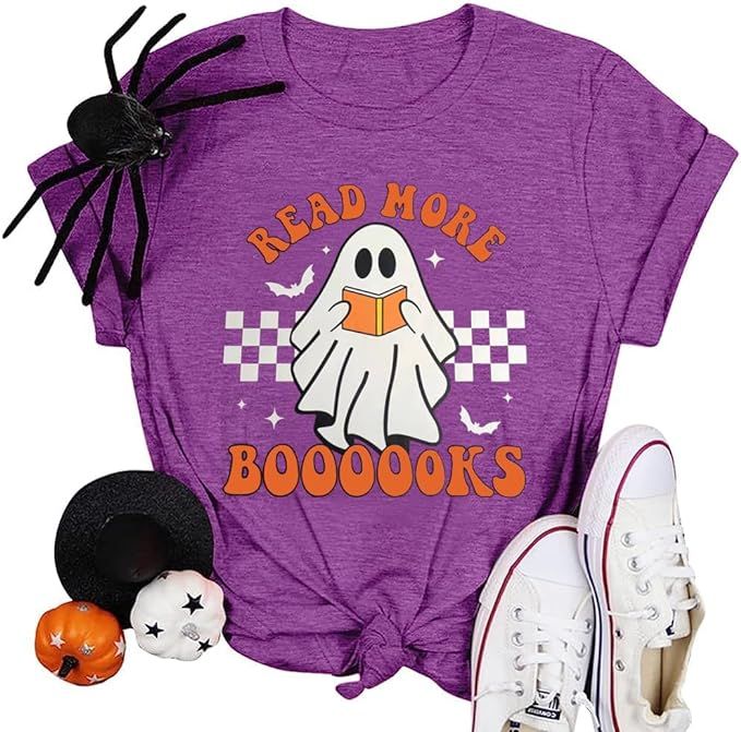 Halloween Teacher Shirts for Women Groovy Read More Books Ghost T-Shirt Short Sleeve Halloween Pa... | Amazon (US)