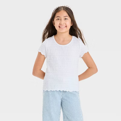Girls' Short Sleeve Textured T-Shirt - Cat & Jack™ White S: Cotton Blend, Recycled Polyester, Spandex, Jacquard Knit | Target