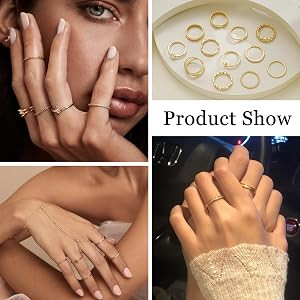 FAXHION 12 PCS Dainty 14K Gold Rings for Women, Eternity Open Chunky Twist Simulated Diamond Cris... | Amazon (US)