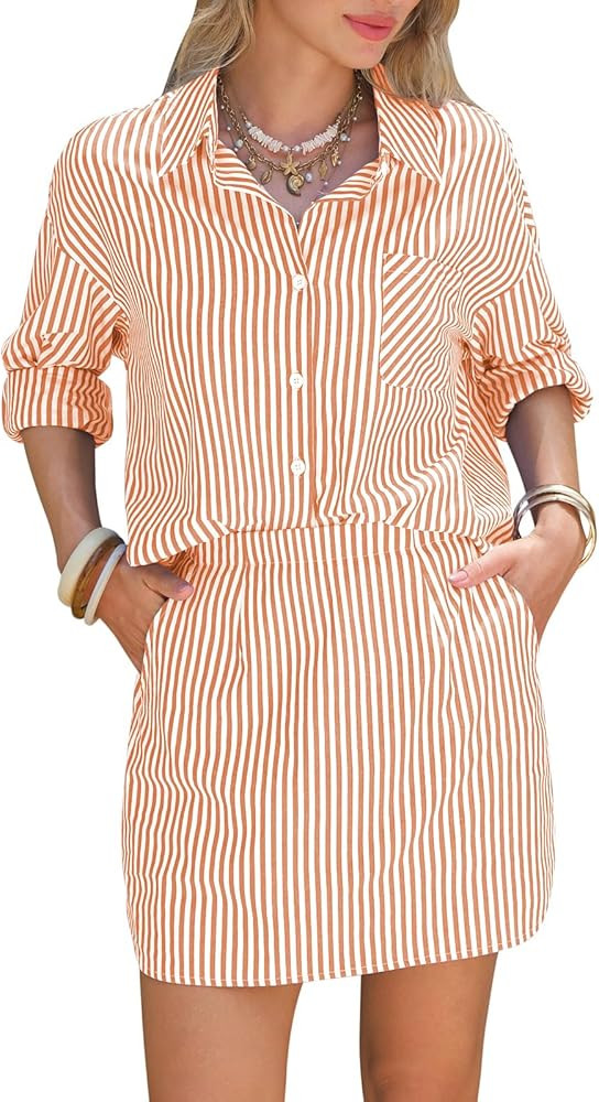 EXLURA Womens Summer 2 Piece Sets 100% Cotton Striped Long Sleeve Button Shirts Matching Skirt Be... | Amazon (US)