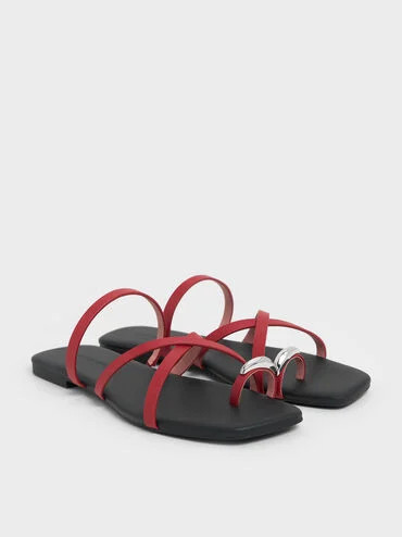 Metallic-Accent Strappy Toe-Ring Sandals
    
         - Red | Charles & Keith US