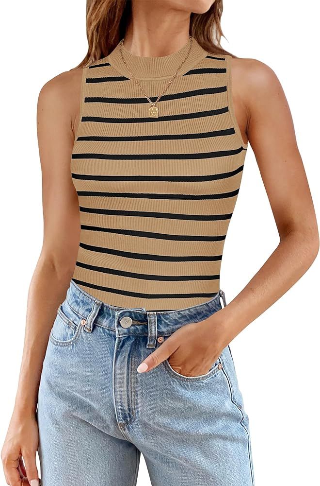 ZESICA Ribbed Tank Top for Women Summer Sleeveless Shirts High Neck Striped Basic Casual Slim Fit... | Amazon (US)