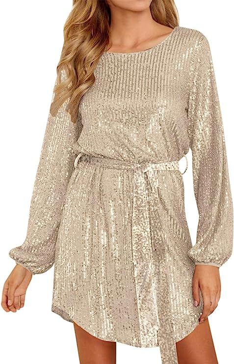 Amazon.com: Auxo Women Long Sleeve Sequin Glitter Tie Waist Party Mini Dress Sexy Cocktail Weddin... | Amazon (US)