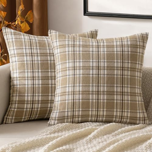 MIULEE Fall Plaid Pillow Covers Scottish Tartan 18x18 Neutral Khaki | Amazon (US)