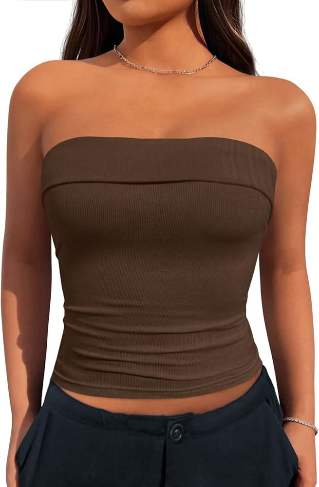 MASCOMODA Womens Strapless Tube Tops Summer Slim Fitted Bandeau Top Crop Cute Going Out Tops Slee... | Amazon (US)