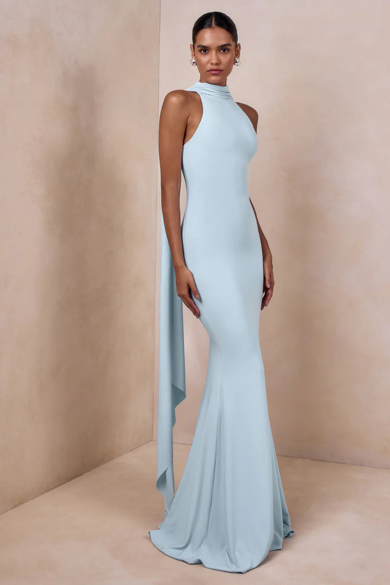 Cordy  Powder Blue High-Neck Maxi Dress With Cape | Club L London