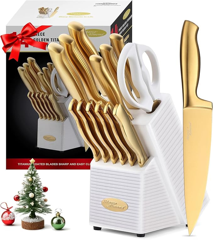 Marco Almond® Gold Knife Set, Knife Block Set MA21,Titanium Coated 14 Pieces Stainless Steel Che... | Amazon (US)