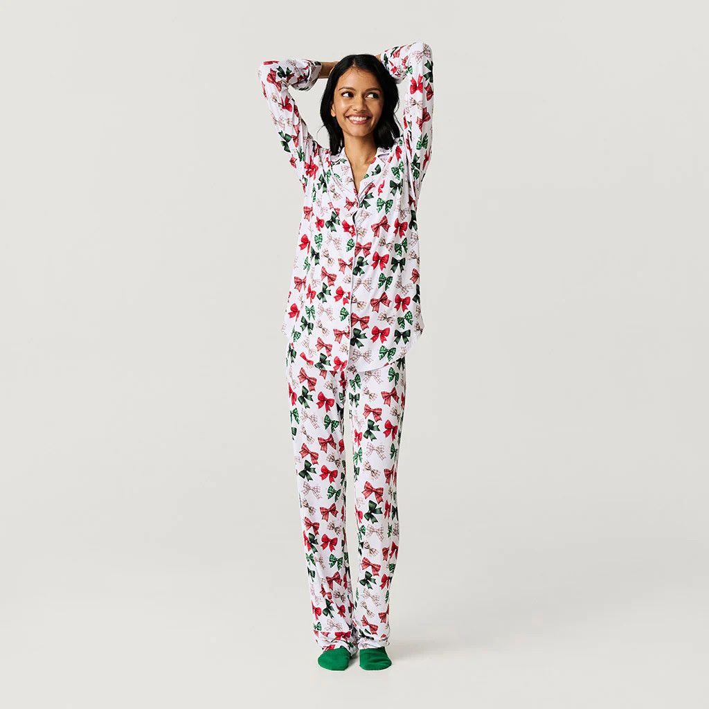 Holiday Bows White Luxe Womens Pajamas | Christabel | Posh Peanut