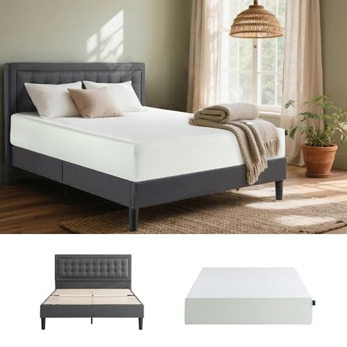 Zinus Set: 12 Inch Green Tea Memory Foam Mattress [New Version], King, Medium Firm + Dachelle Upholstered Platform Bed Frame, Wood Slat Support, Dark Grey, King | Amazon (US)
