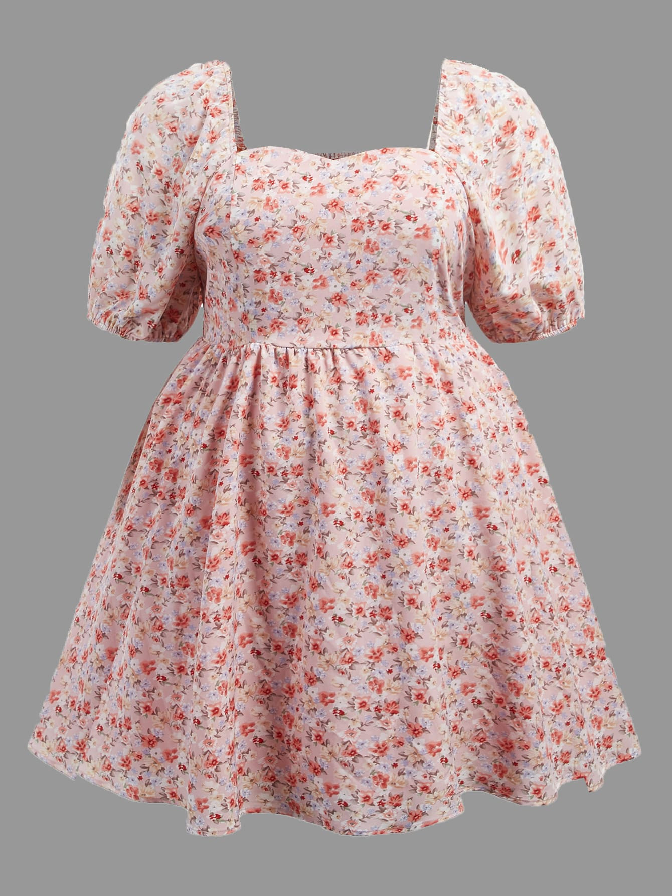 Plus Ditsy Floral Square Neck Puff Sleeve Shirred Back Dress | SHEIN