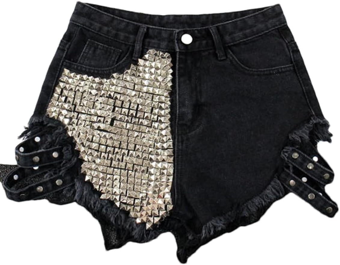 Women's Fashion Vintage Tassel Rivet Ripped High Waisted Short Jeans Punk Sexy Denim Shorts | Amazon (US)