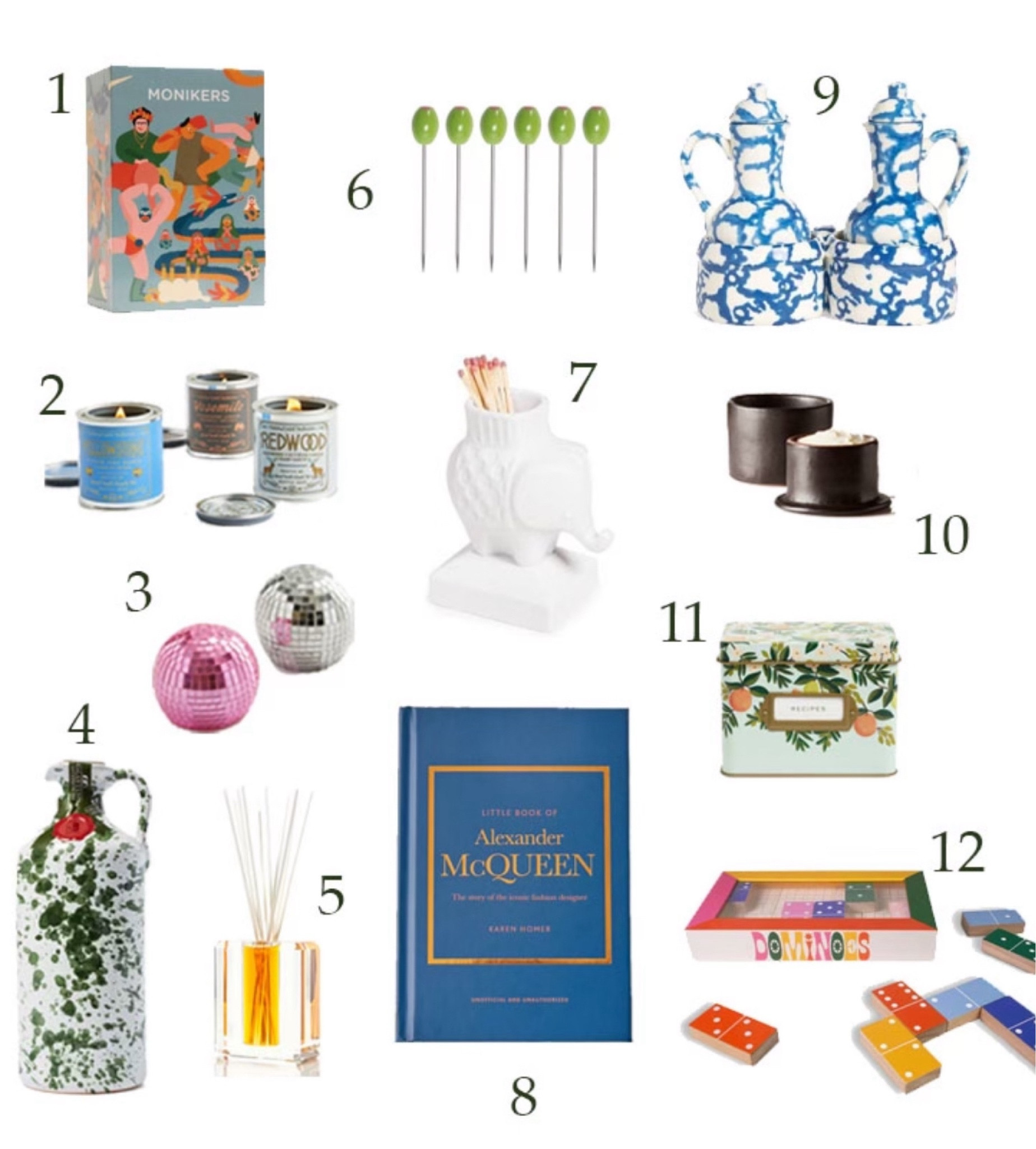 Headed to a party? Staying for the weekend? Here is the perfect gift for the host or hostess in your life. These would also be great for a white elephant or favorite things party! 

1. Monikers Party Game, $24.99
2. National Park Candles, $26
3. Disco Ball Bottle Opener, $20
4. Hand Painted Extra Virgin Olive Oil, $46
5. Crystal Diffuser, $198
6. Olive Cocktail Stirrers, $14
7. Elephant Match Strike, $45
8. Little Book of Fashion, $16.95
9. Spongewear Oil and Vinegar Set, $128
10. Terracotta Butter Dish, $17.95
11. Recipe Tin, $36
12. Dominos Set, $35.95
 
#giftsforher #giftsforwife #holidaygiftguide #giftsformom #girlfirendgifts #sistergifts #fashiongifts #giftguide #giftguides #holidaygifts #stylishgifts
#giftsforthehome #hostessgifts #partygifts #whiteelephantgift #hostessgifts #stockingstuffers #littlegifts #fungifts #homedecorgifts


#LTKGiftGuide #LTKHoliday #LTKfindsunder50