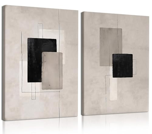 Kdyudo 2 Pcs Large Minimalist Block Line Canvas Framed Wall Art Neutral Abstract Print Poster Wall Decor Black Beige And Brown Geometric Square Line Painting Pictures Living Room Bedroom 16x24 Inch | Amazon (US)