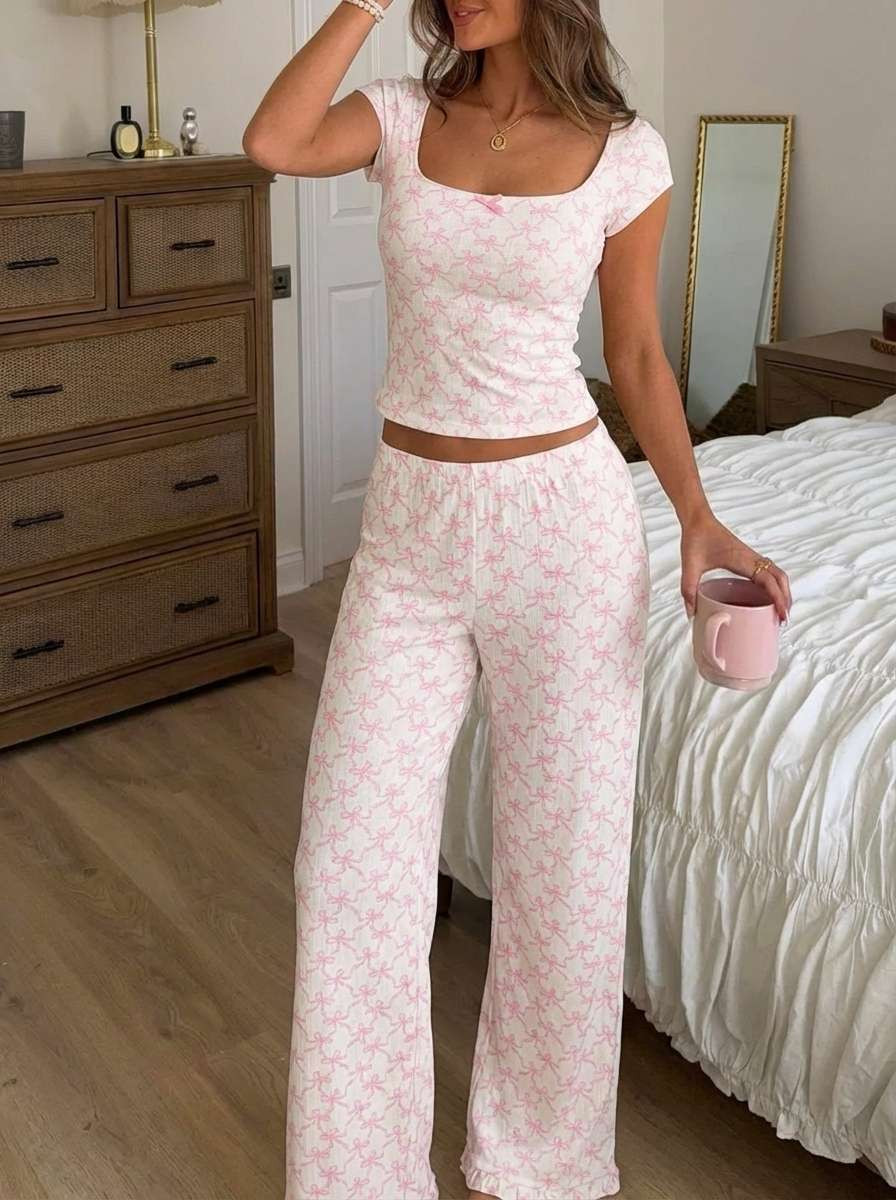 Valentine Jersey Jersey Round Neckline Bowknot Graphic Top & Straight Leg Trousers Loungewear Set... | Cider