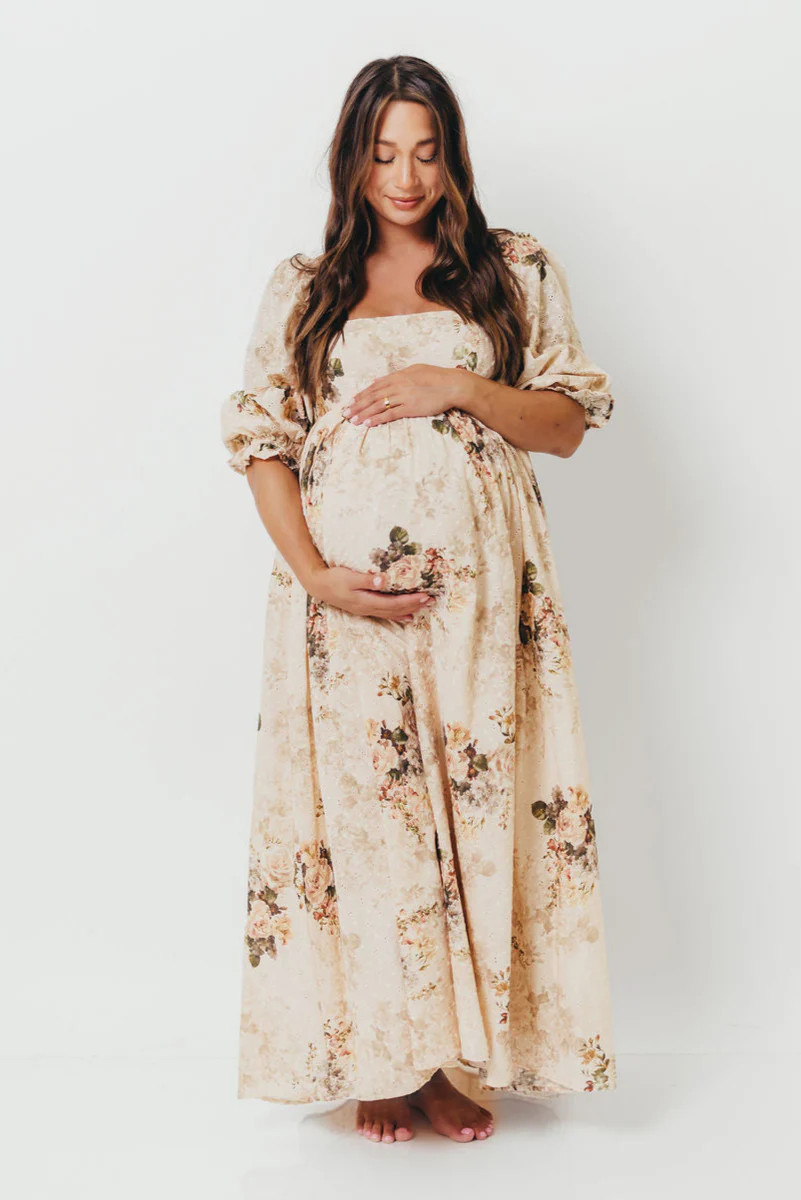 Mona Maxi Dress with Smocking in Cream/Beige Floral - Bump Friendly *9 | Worth Collective
