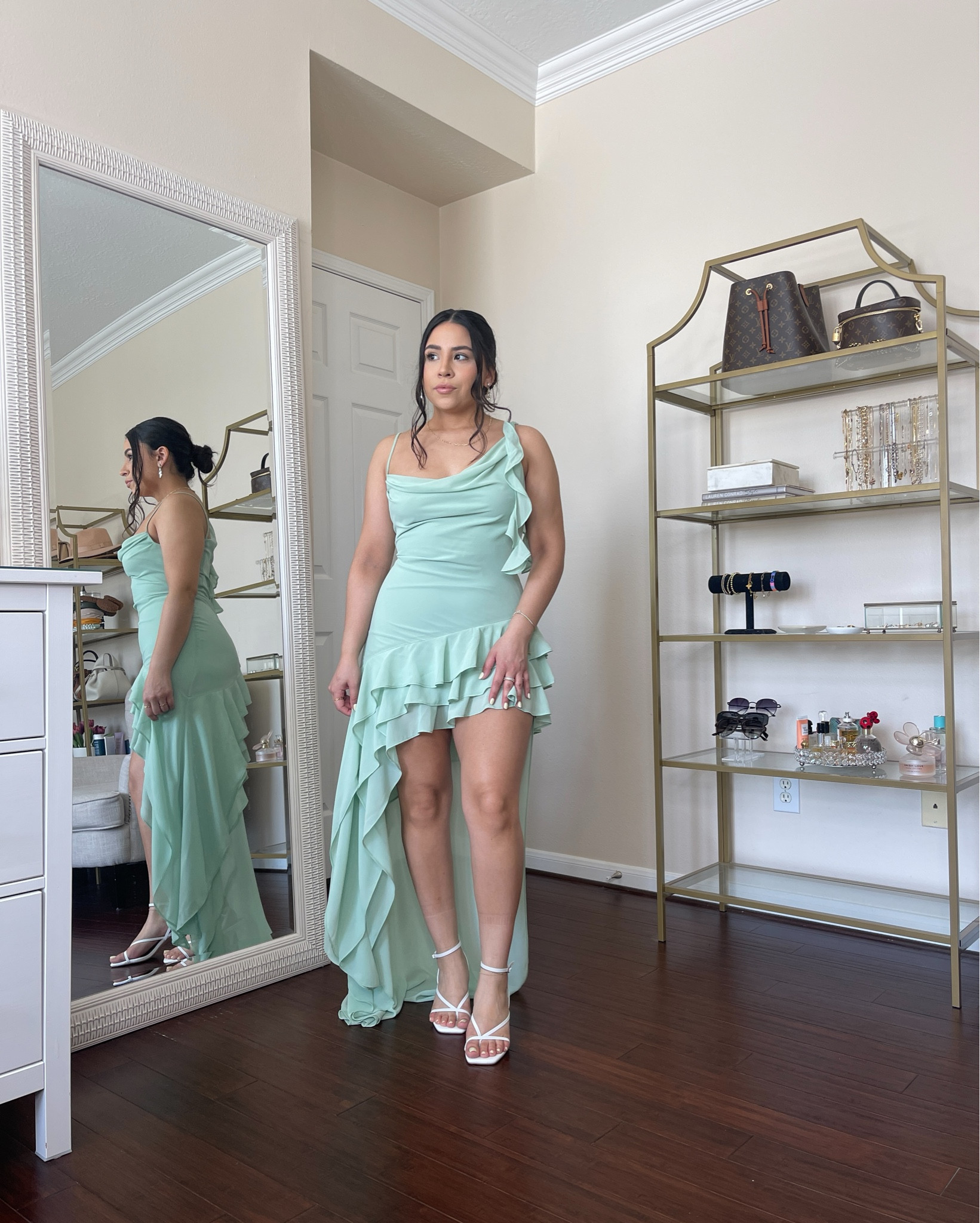 Spring wedding guest dresses 
Wearing a size small in all dresses 
White heels: 6.5 
Gold jewelry 
Silver jewelry 