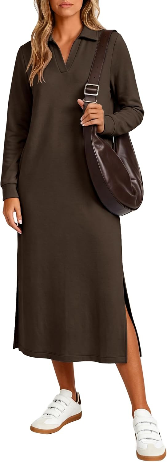 ANRABESS Womens Fall Long Sleeve Polo V-Neck Maxi Dresses | Amazon (US)