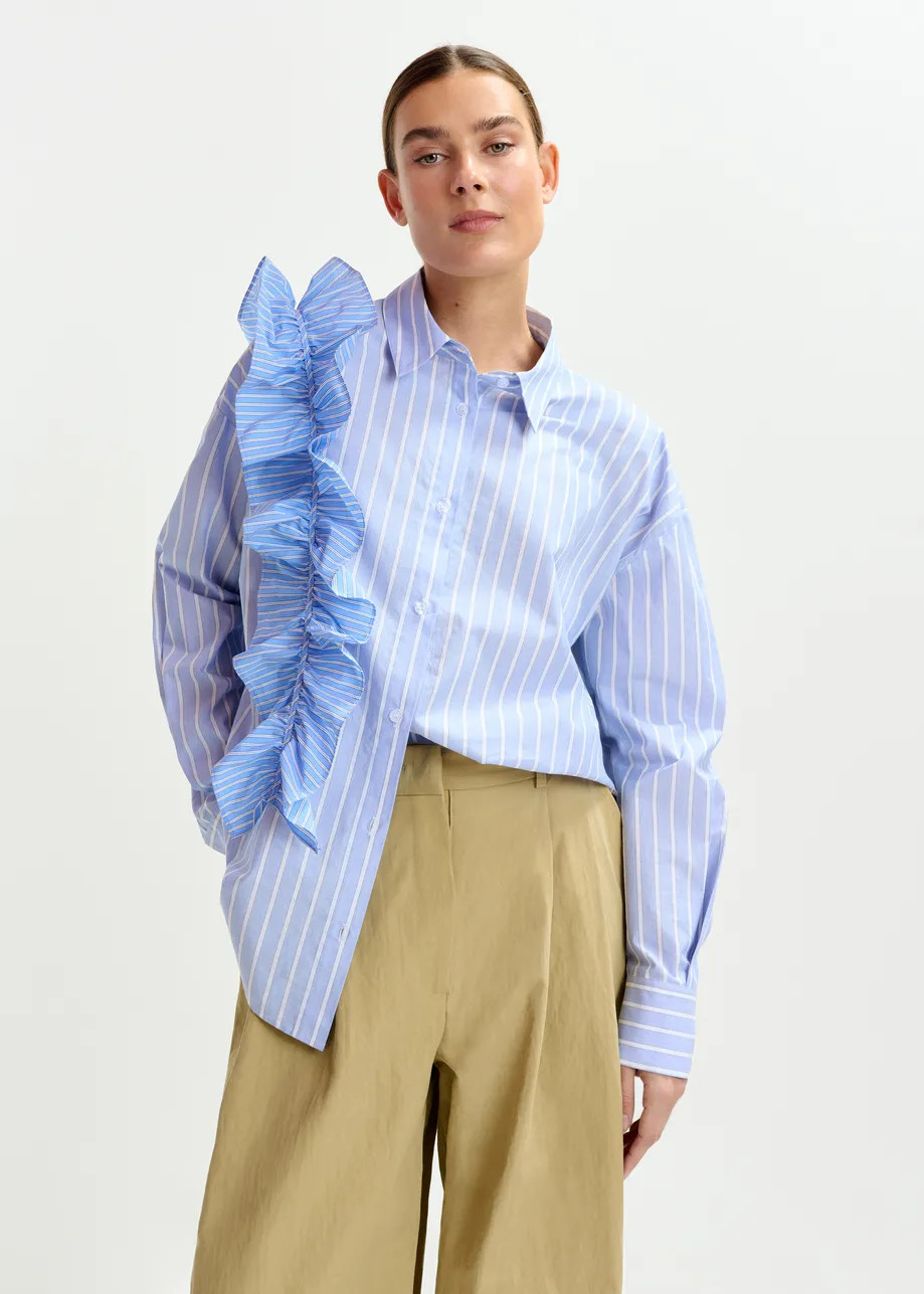 Blue and white striped cotton shirt with ruffle detail | Essentiel Antwerp United States | Essentiel Antwerp