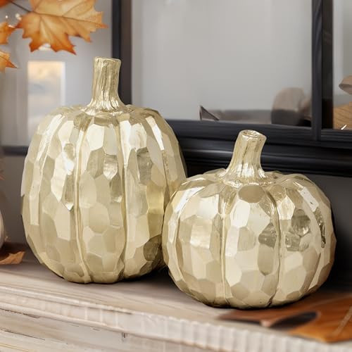 AELS 5.9" Tall Modern Pumpkins Fall Decor Indoor, Set of 2 Elegant Tabletop Decorations, Resin Artificial Pumpkins Decor for Fall Table Runner, Office, Holiday Party Home, Golden | Amazon (US)