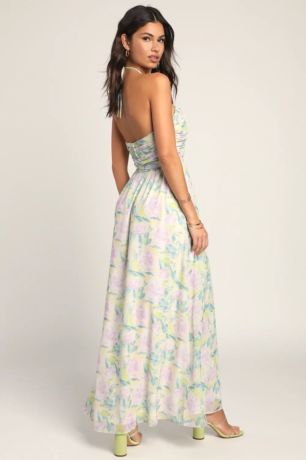Effortlessly Abloom Green Multi Floral Ruched Halter Maxi Dress | Lulus (US)