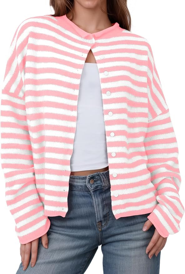Saodimallsu Womens Striped Cardigan Casual Long Sleeve Open Front Button Down Loose Knit Lightwei... | Amazon (US)