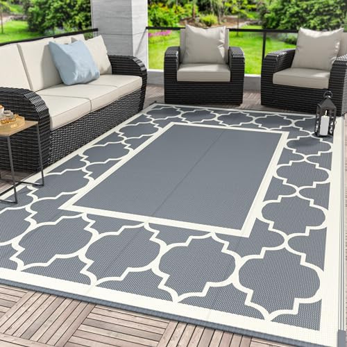GENIMO 9 ' x 12 ' Outdoor Rug for Patio, Waterproof Indoor Outdoor Plastic Straw Rugs Carpet, Reversible Outside Area Mat for Camping, Balcony Porch, Deck, Picnic, Beach Grey & Beige White | Amazon (US)