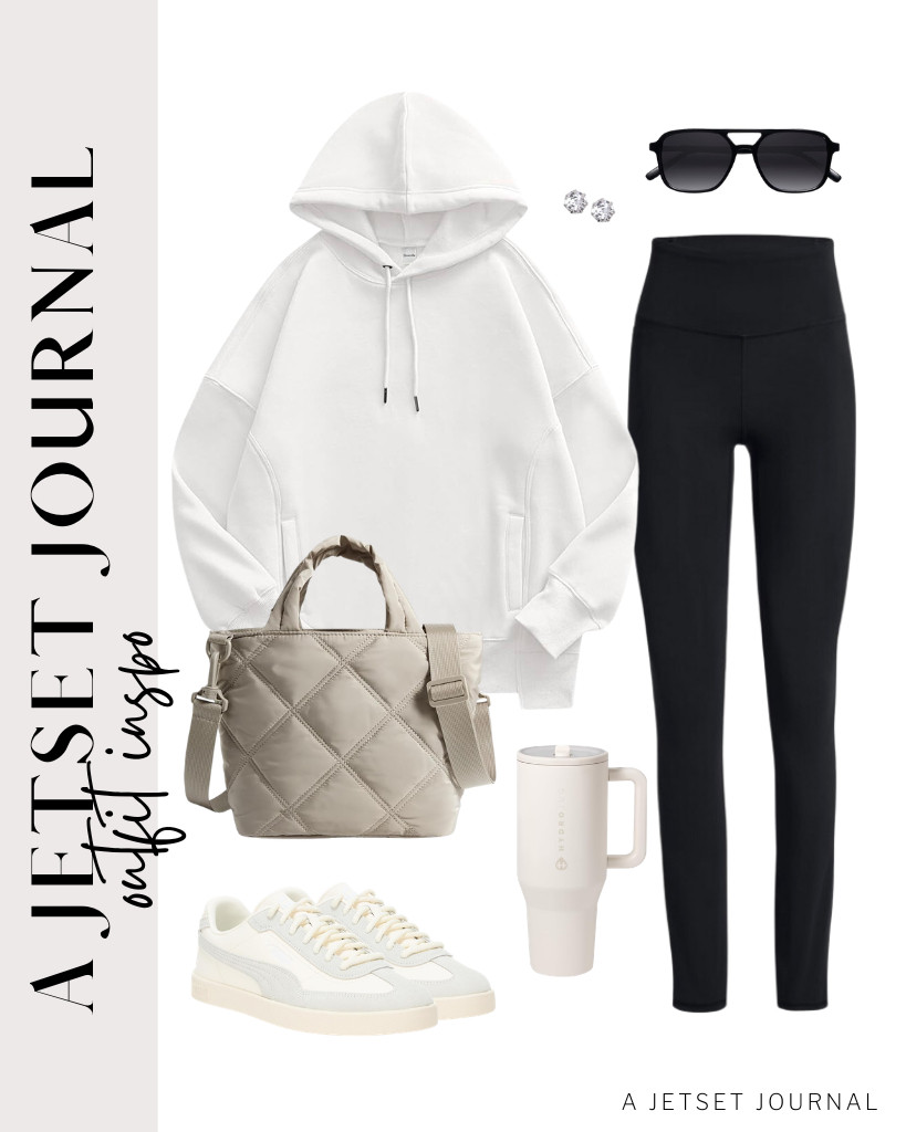 This white, oversized fleece hoodie, paired with comfy black leggings, is your go-to for a cool-girl aesthetic. A pair of White Puma sneakers is a great addition to this combo. 

 #LTKSeasonal #LTKSaleAlert #LTKTravel