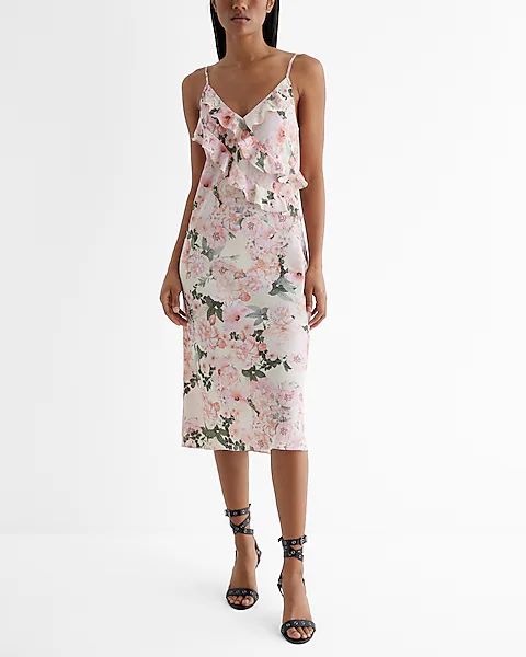 Floral V-Neck Ruffle Downtown Cami Midi Slip Dress | Express