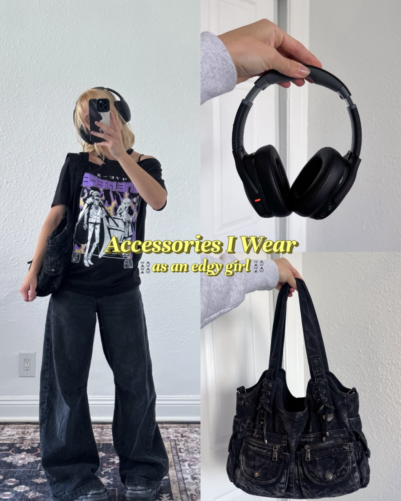 hiii! here’s an outfit i wore recently & the accessories i used to liven it up a bit! 💜 i love a good oversized grungy bag. this distressed denim one is one of my favorites for low-key days! it fits all my necessities but still adds some character to my outfit.  i also love accessorizing with headphones! i think they’re great for adding personality to my outfits, plus i like to use them when im out :)

my t shirt is from hot topic. this exact one is sold out but i linked some other one piece t shirts they have  :)
 #casualstyle #styleinspo #edgystyle #zerogatekeeping 

#LTKootd