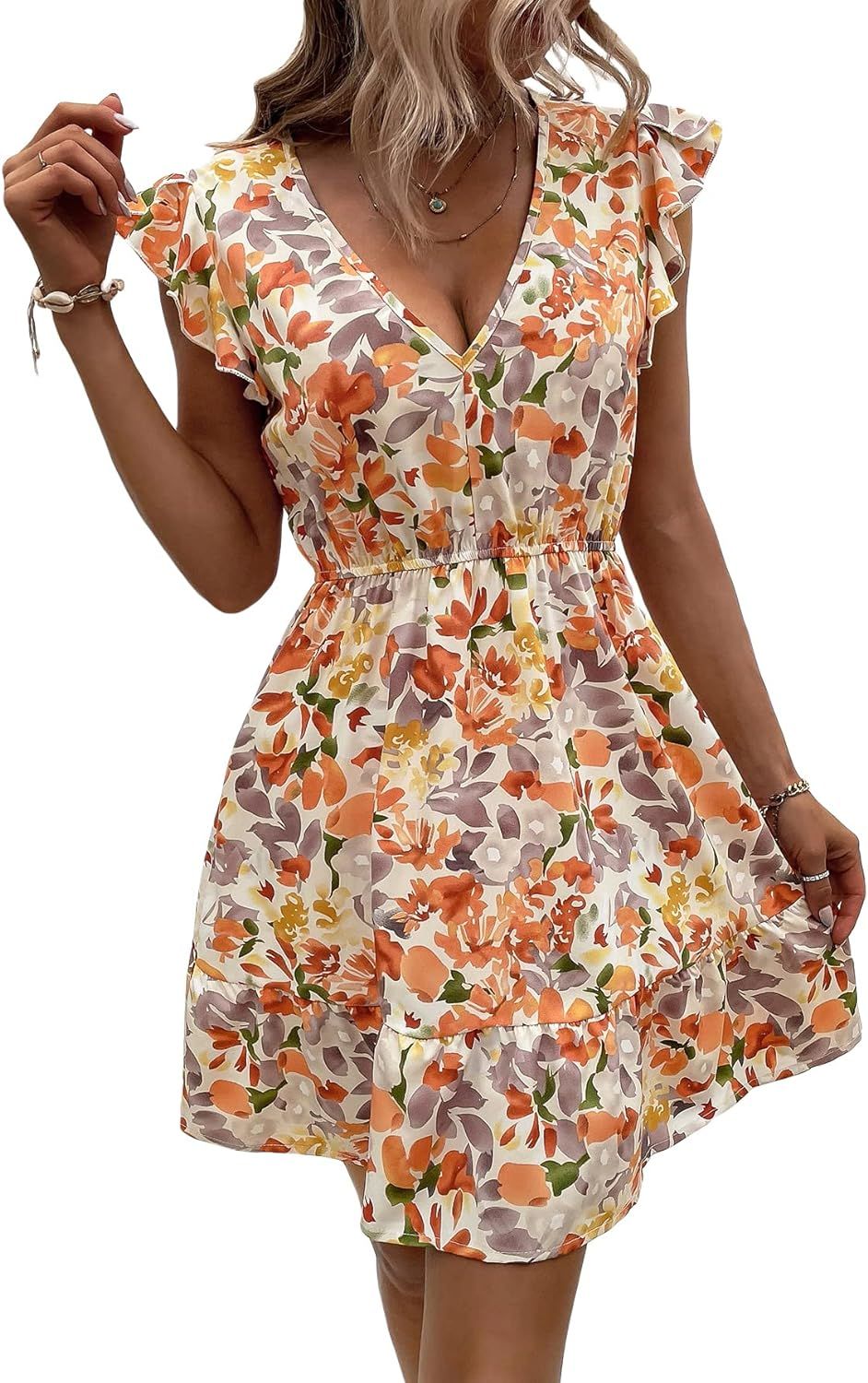 SOLY HUX Women's Floral Print Dress V Neck Butterfly Cap Sleeve Ruffle Hem A Line Summer Dresses | Amazon (US)