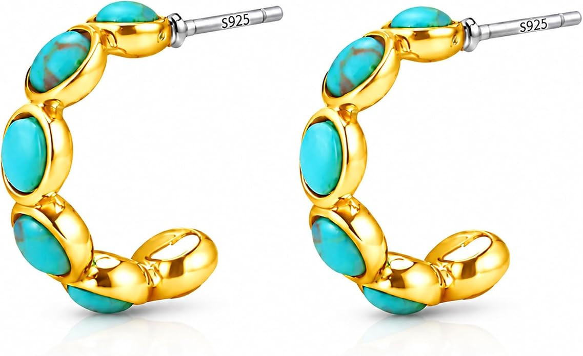Sheplus Genuine Turquoise Hoop Earrings with 925 Sterling Silver Post | Amazon (US)