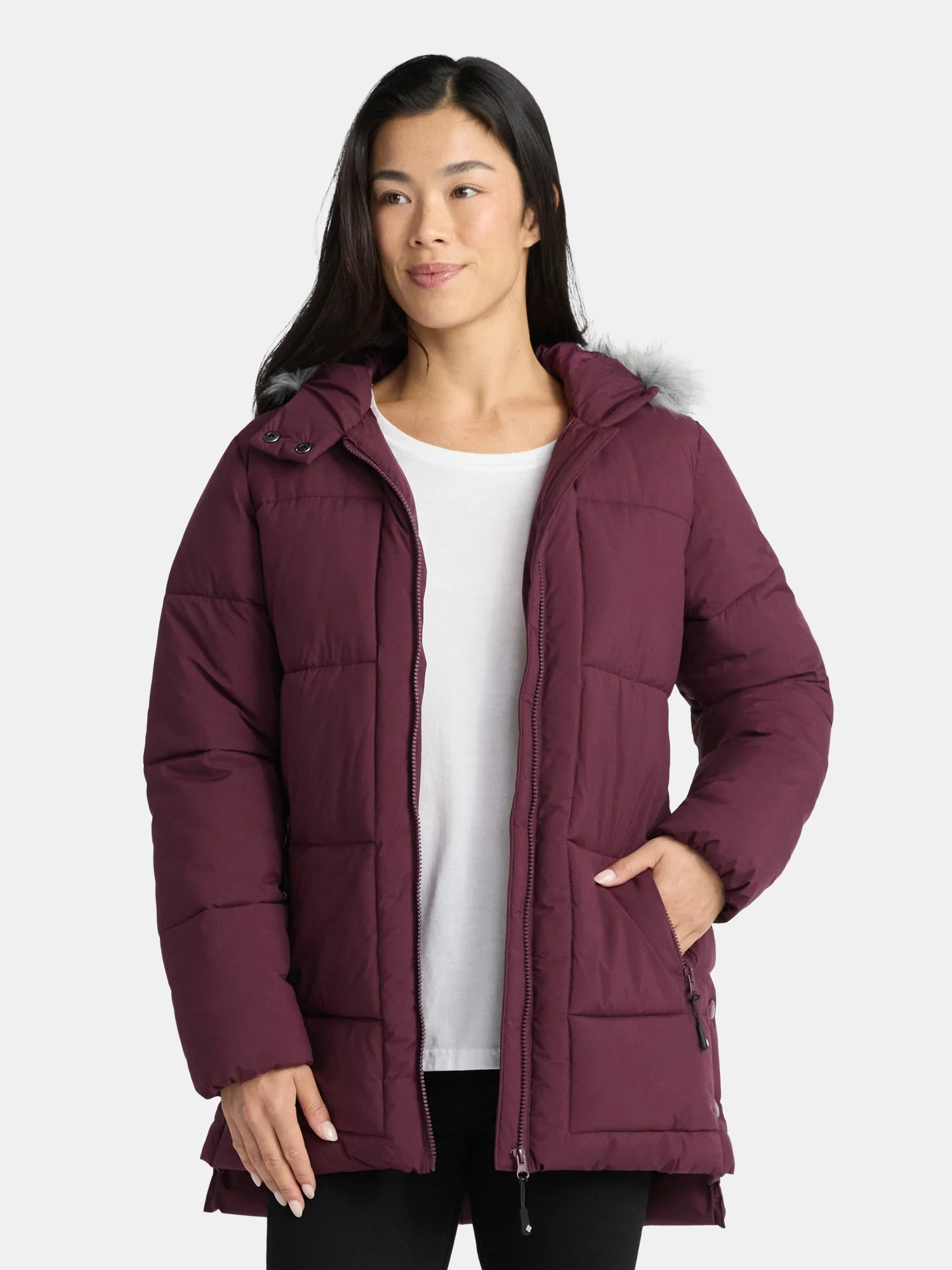 Big Chill Women's Wide Quilted Puffer Coat with Faux Fur Trim Hood, Sizes S-XL | Walmart (US)