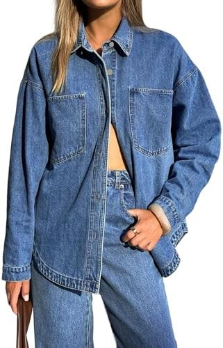 EMMIOL Women Denim Shirts Oversized Long Sleeve Button Down Blouse Distresse Jean Jacket Fall Out... | Amazon (US)