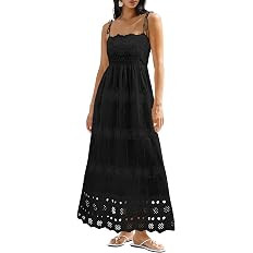 dowerme Womens Spaghetti Strap Eyelet Cotton Boho Maxi Dress | Summer Casual Square Neck Smocked ... | Amazon (US)
