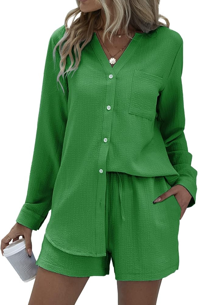 Ekouaer Summer Outfits for Women 2 Piece Sets Lounge Sets V Neck Button Down Shirt and Shorts Lou... | Amazon (US)