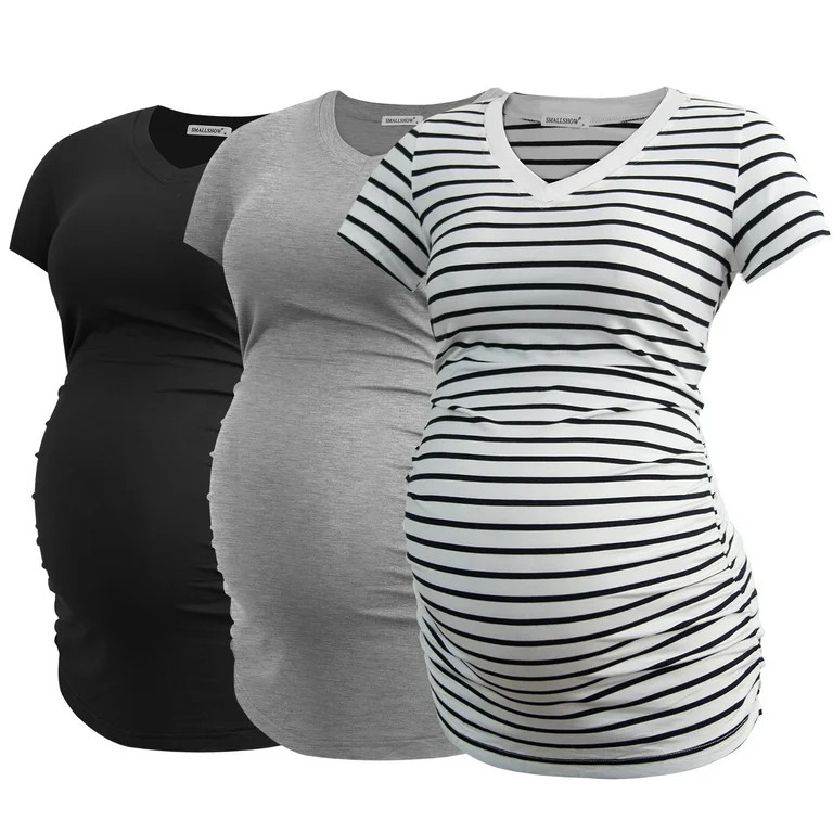 Smallshow Women's V Neck Maternity Tops Clothes Short Sleeve Pregnancy T Shirts 3-Pack | Walmart (US)