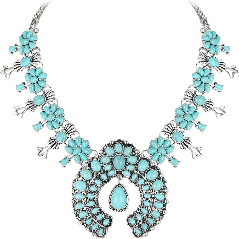Flyonce Bohemian Turquoise Collar Necklace, Art Deco Flower Costume Statement Necklace for Women | Amazon (US)