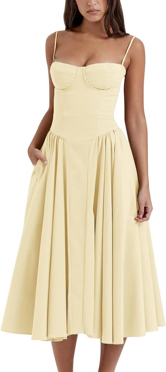 OBEEII Corset Dress for Women Summer Sundress Spaghetti Straps Bustier Midi Dress with Pockets Fl... | Amazon (US)
