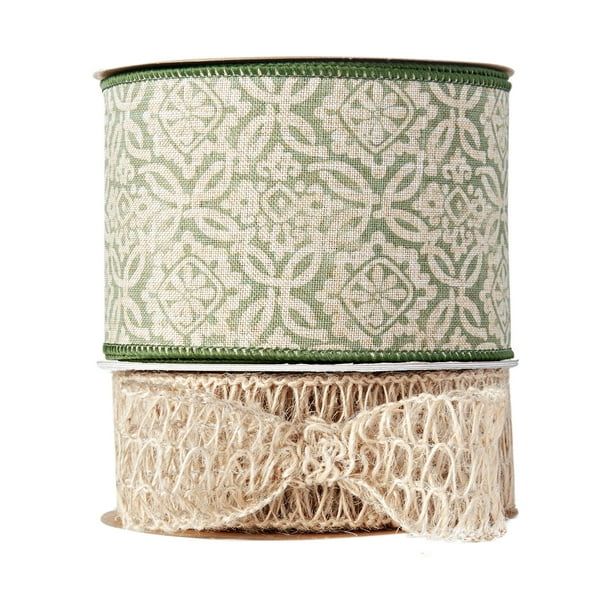 Holiday Time Nature's Noel Ribbon, Green Patterned and Tan Lace, 2 Pack - Walmart.com | Walmart (US)