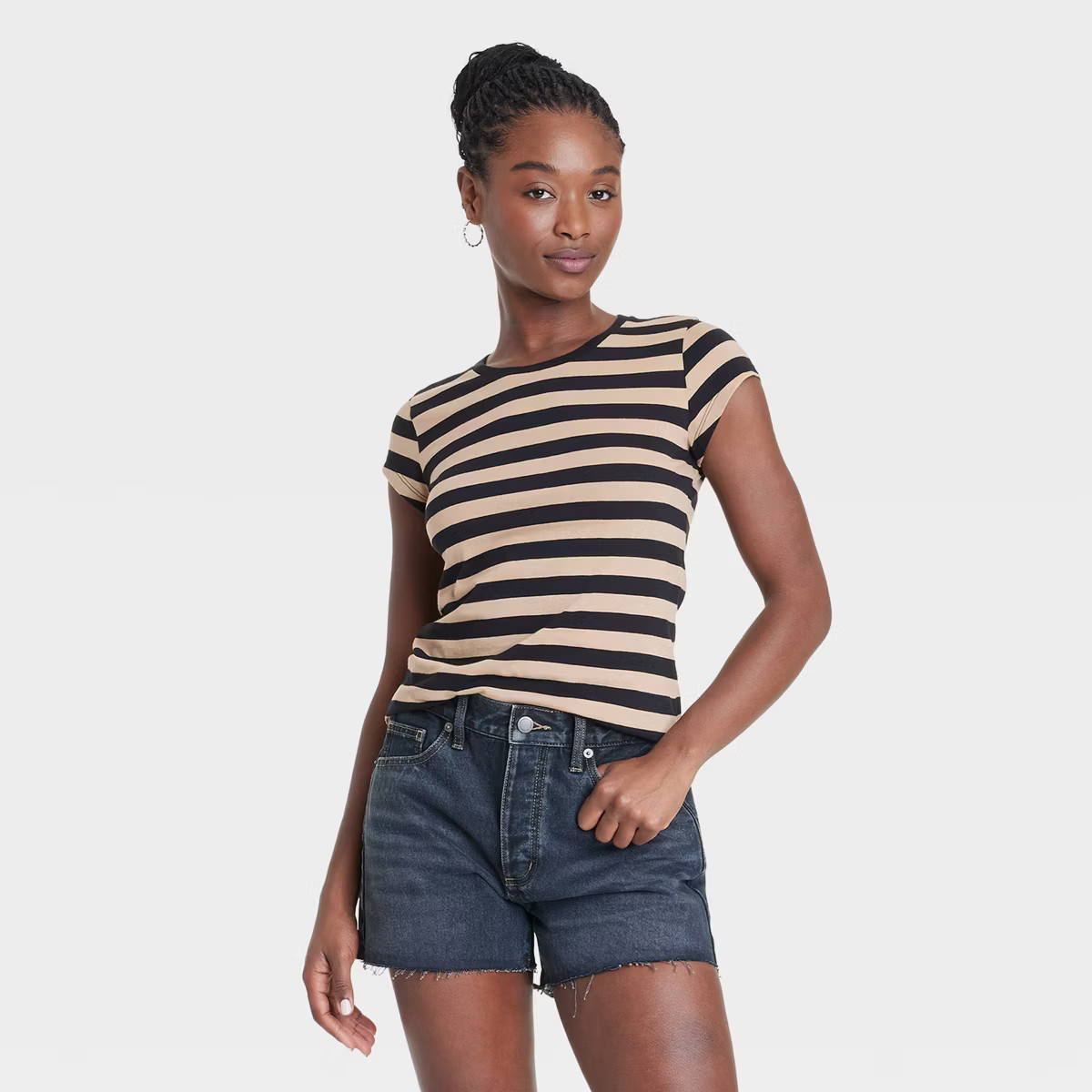 Women's Fitted Short Sleeve T-Shirt - Universal Thread™ Black/Tan Striped M | Target