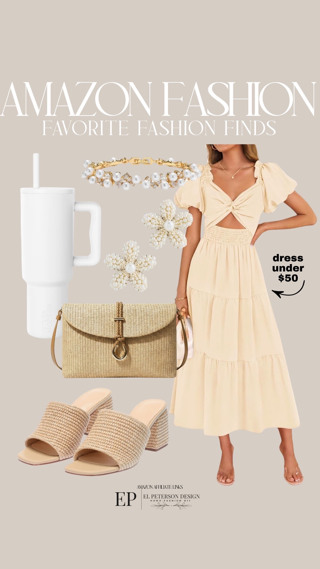 Amazon
Dress
Tumbler
Purse
Heels
Bracelet 
Earrings
