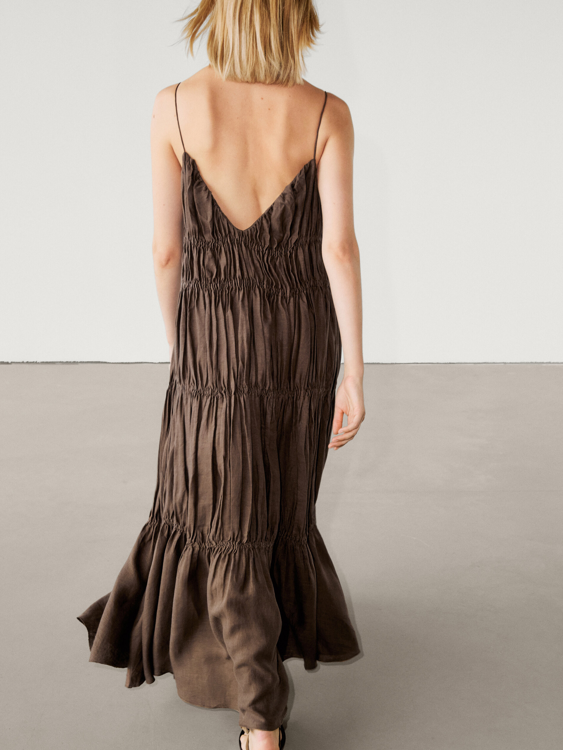 Long dress with gathered detailing  $279.00 V-neck . V-neck back. Strappy. Gathered detail. Made ... | Massimo Dutti US