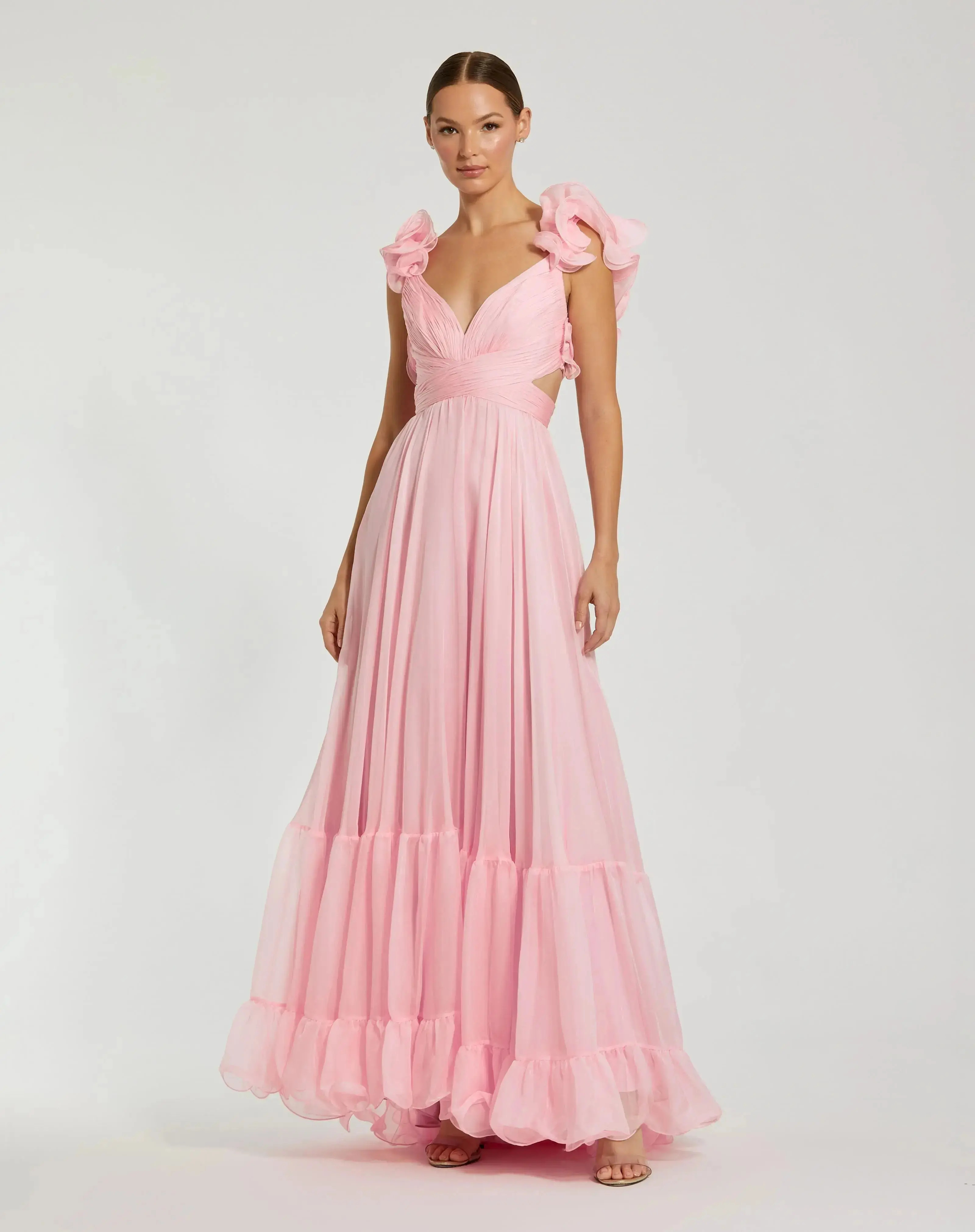 Mac Duggal - Pink Ruffle Tiered Cut-Out Chiffon Gown - US 0 | Mac Duggal